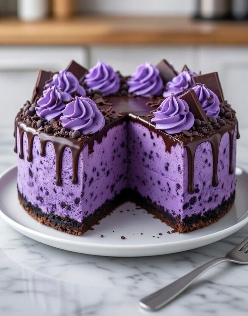 Chocolate Cheesecake Purple Crystal with glossy purple mirror glaze and elegant crystal-style decoration on top